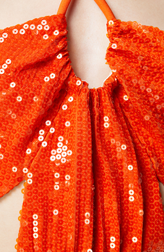 Turuncu Straplez Midi Abiye Elbise