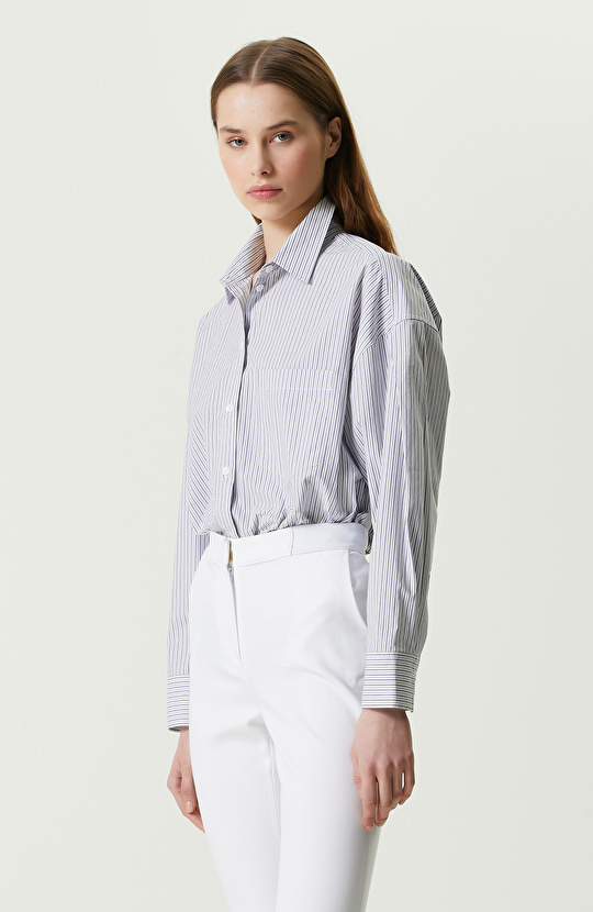 Beyaz Lacivert Çizgili Crop Gömlek