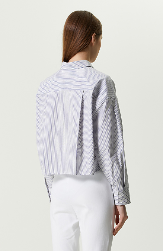 Beyaz Lacivert Çizgili Crop Gömlek