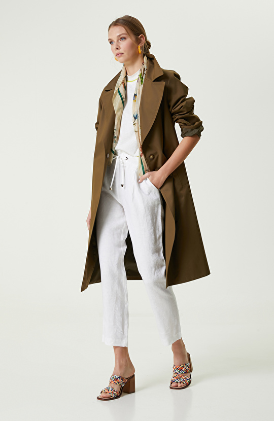 Beyaz Beli Büzgülü Keten Pantolon