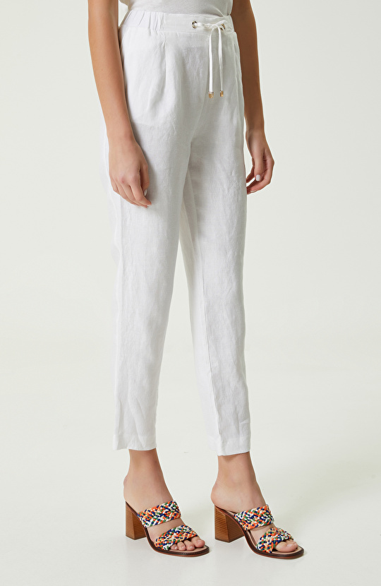 Beyaz Beli Büzgülü Keten Pantolon