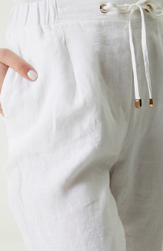 Beyaz Beli Büzgülü Keten Pantolon