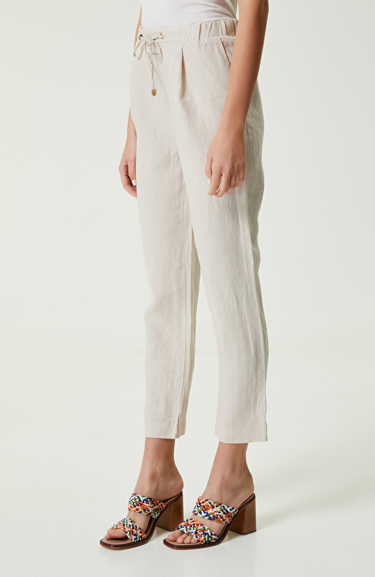 Bej Beli Büzgülü Keten Pantolon