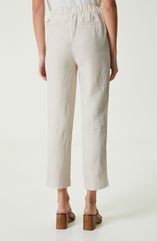 Bej Beli Büzgülü Keten Pantolon