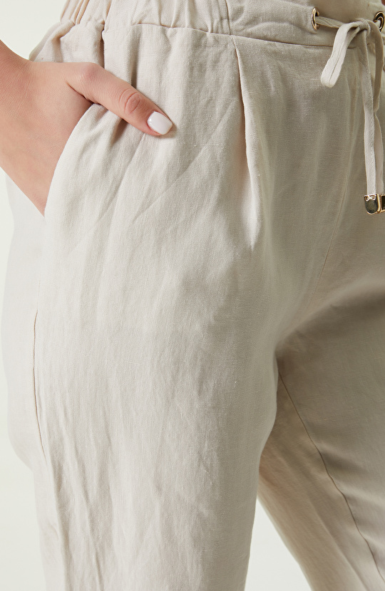 Bej Beli Büzgülü Keten Pantolon