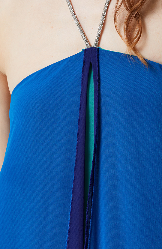 Saks Mavisi Şifon Uzun Abiye Elbise