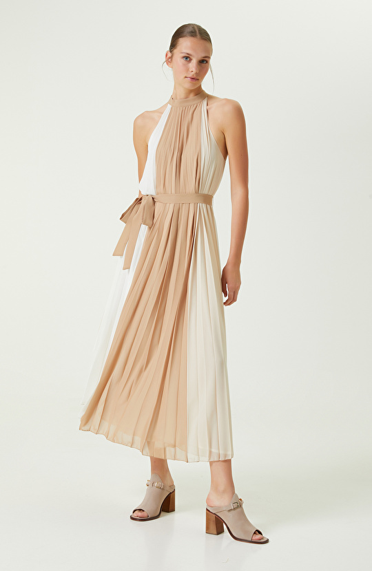 Camel Renk Bloklu Midi Boy Elbise