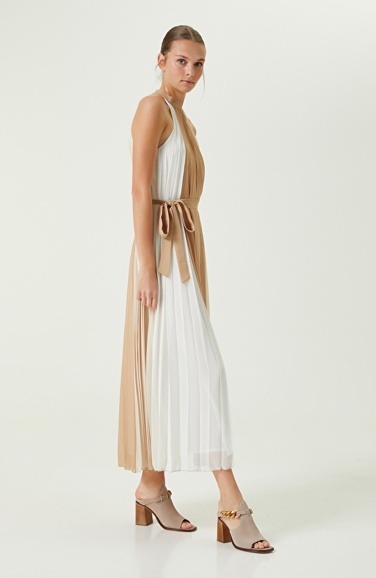 Camel Renk Bloklu Midi Boy Elbise