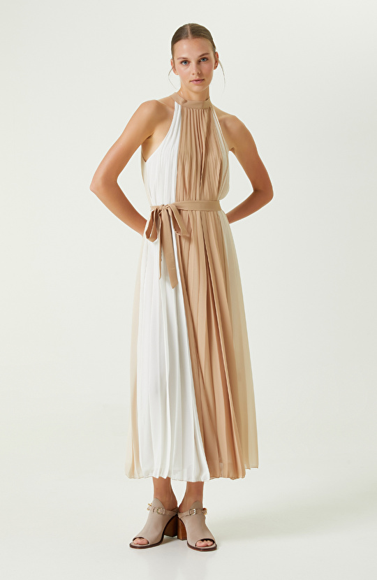 Camel Renk Bloklu Midi Boy Elbise