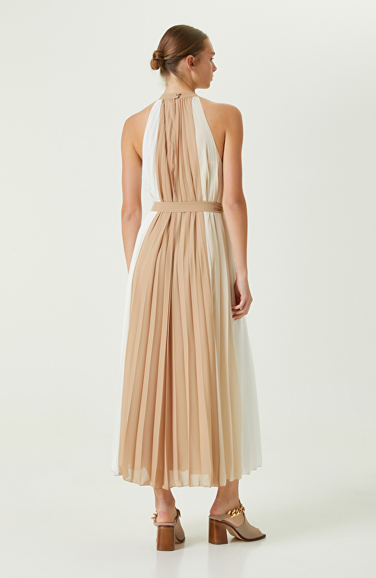 Camel Renk Bloklu Midi Boy Elbise