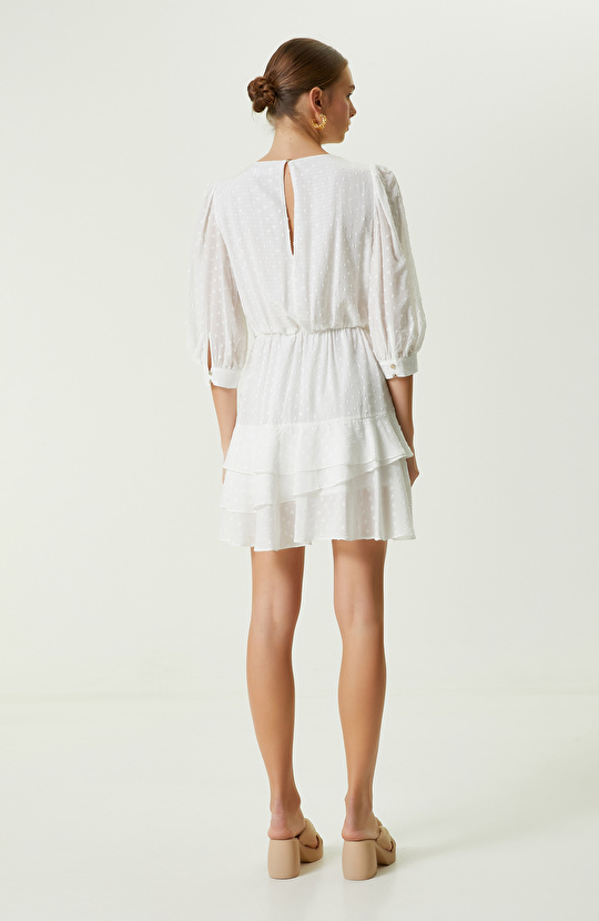 Ekru Desenli Volanlı Mini Elbise