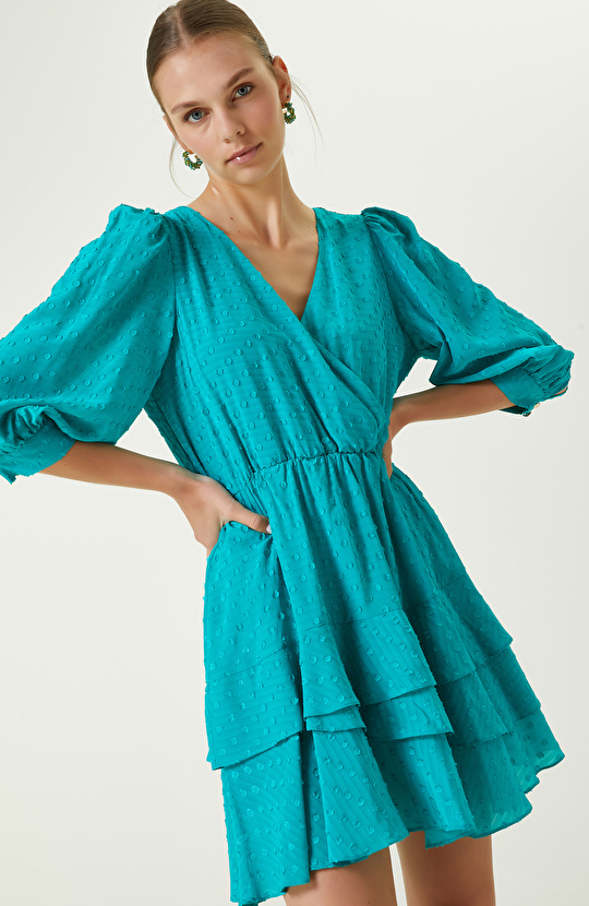 Ördek Başı Yeşil Rengi V Yaka Mini Elbise