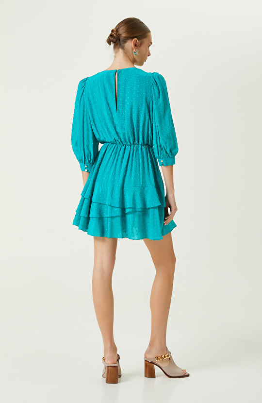 Ördek Başı Yeşil Rengi V Yaka Mini Elbise