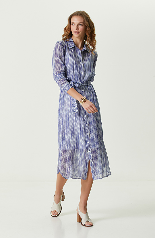 Lacivert Beyaz Desenli Uzun Gömlek Elbise