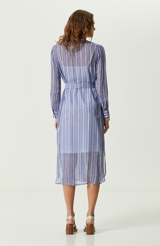 Lacivert Beyaz Desenli Uzun Gömlek Elbise