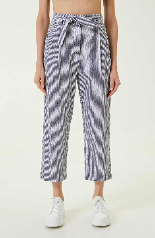 Lacivert Beyaz Beli Büzgülü Pantolon