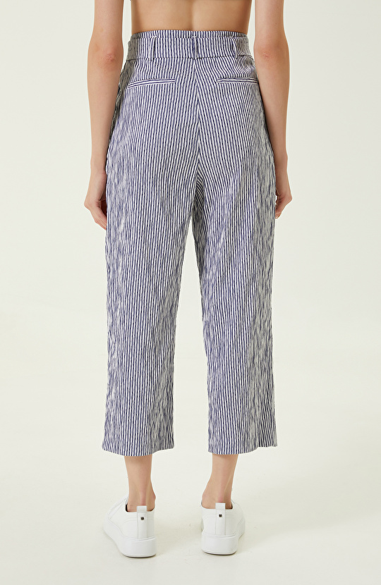 Lacivert Beyaz Beli Büzgülü Pantolon