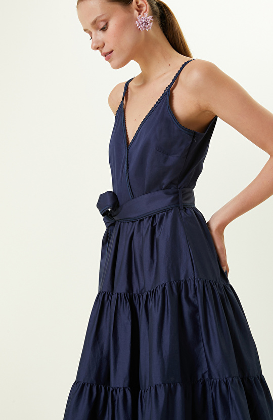 Lacivert Pamuklu Uzun Elbise