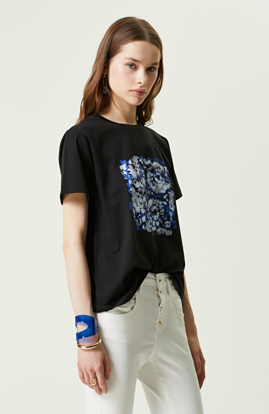 Siyah Baskılı Kısa Kollu Bisiklet Yaka T-shirt