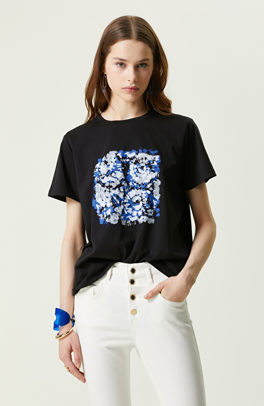 Siyah Baskılı Kısa Kollu Bisiklet Yaka T-shirt