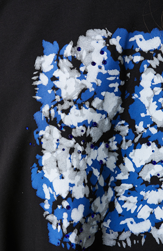 Siyah Baskılı Kısa Kollu Bisiklet Yaka T-shirt