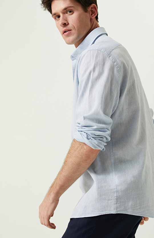 Uzun Kollu Mavi Keten Gömlek