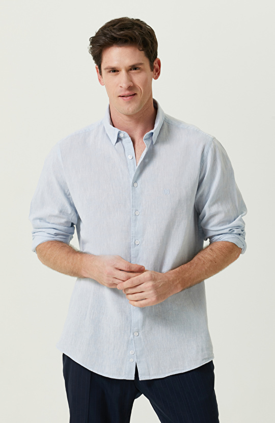 Uzun Kollu Mavi Keten Gömlek