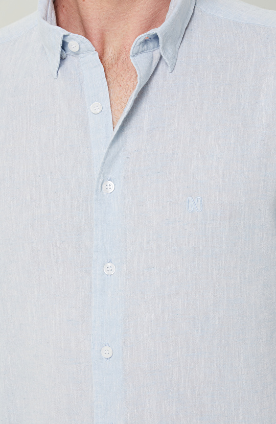 Uzun Kollu Mavi Keten Gömlek