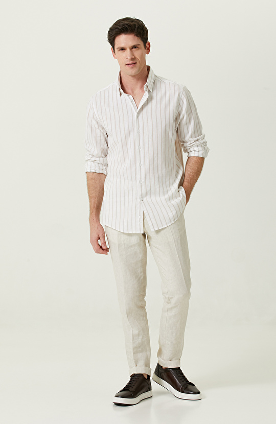 Uzun Kollu Bej Çizgili Gömlek