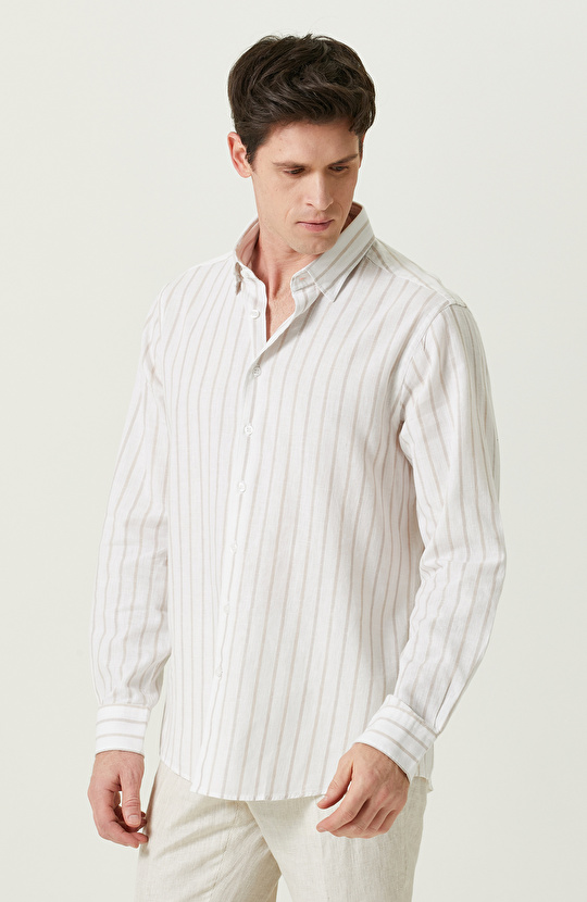 Uzun Kollu Bej Çizgili Gömlek