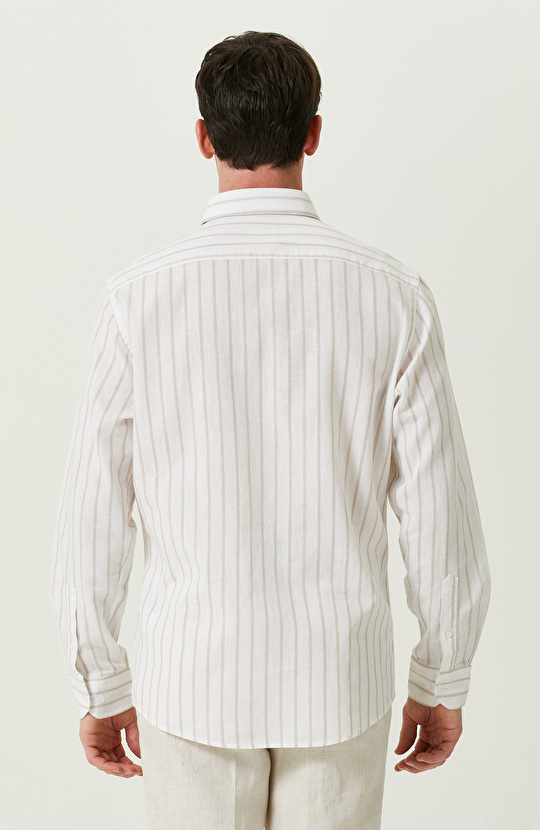 Uzun Kollu Bej Çizgili Gömlek