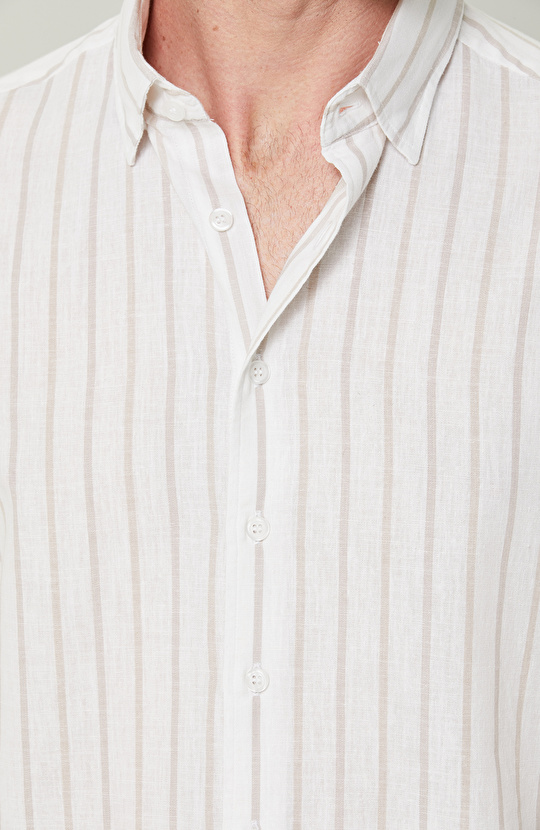 Uzun Kollu Bej Çizgili Gömlek