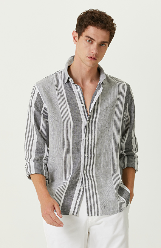 Lacivert Beyaz Keten Gömlek