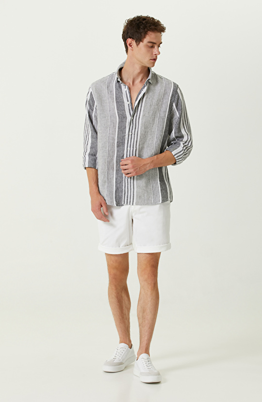 Lacivert Beyaz Keten Gömlek