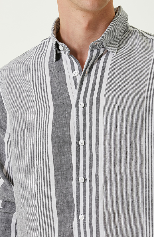 Lacivert Beyaz Keten Gömlek