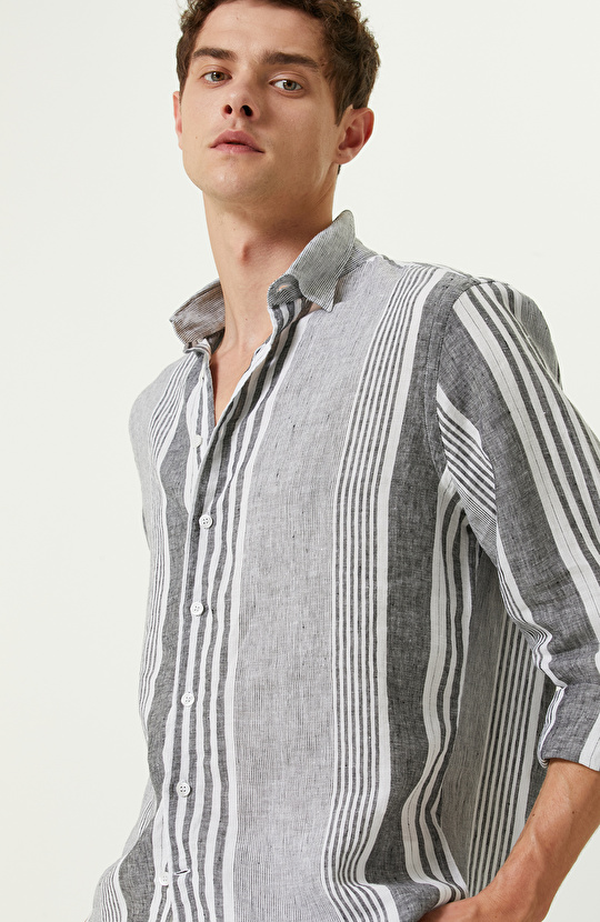 Lacivert Beyaz Keten Gömlek