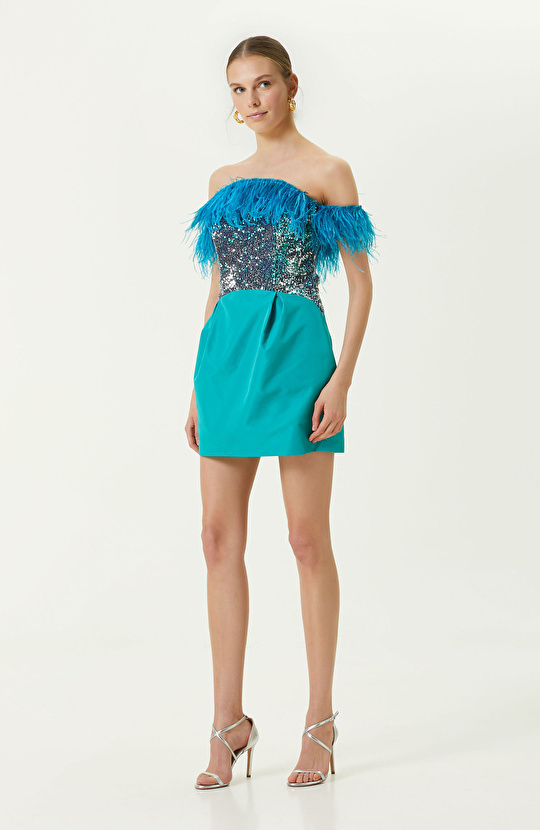 Turkuaz Payetli Straplez Mini Abiye Elbise