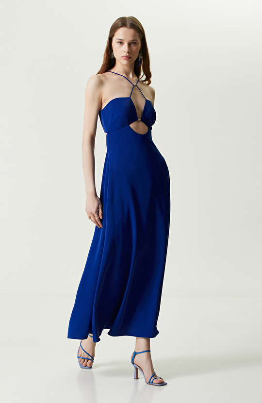 Saks Mavisi Uzun Askılı Abiye Elbise