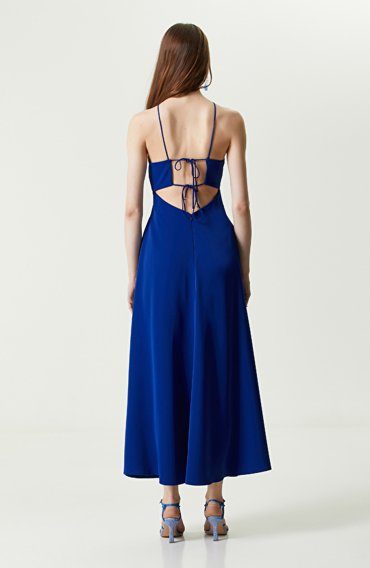 Saks Mavisi Uzun Askılı Abiye Elbise