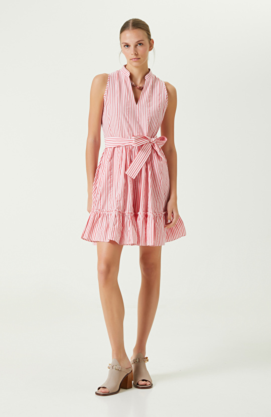 Kırmızı Beyaz Çizgili Gömlek Yaka Elbise