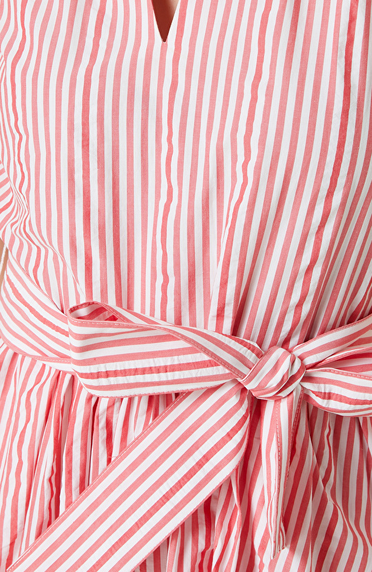 Kırmızı Beyaz Çizgili Gömlek Yaka Elbise