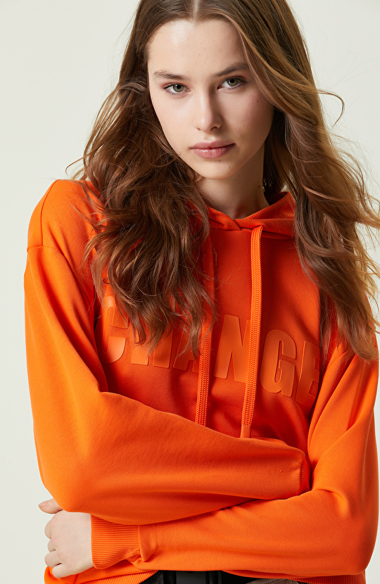 N-Tech Turuncu Kapüşonlu Baskılı Sweatshirt