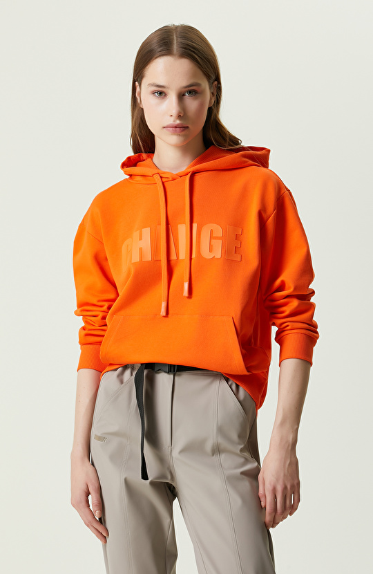 N-Tech Turuncu Kapüşonlu Baskılı Sweatshirt