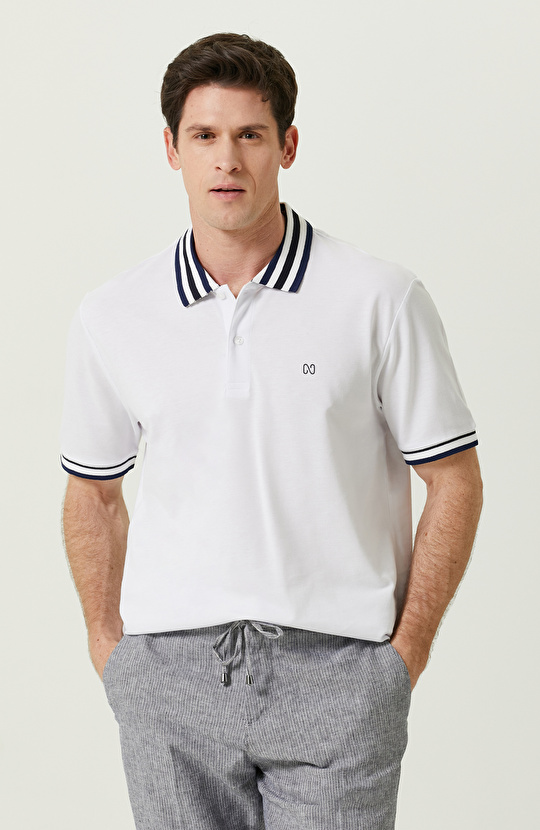 Beyaz Mavi Kısa Kollu Polo Yaka Tshirt