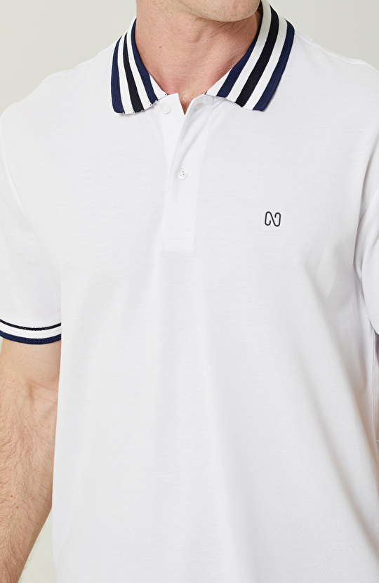 Beyaz Mavi Kısa Kollu Polo Yaka Tshirt