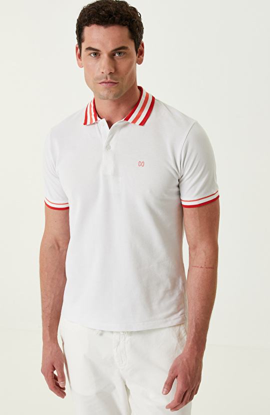 Beyaz Ribanalı Kısa Kollu Polo Yaka Tshirt