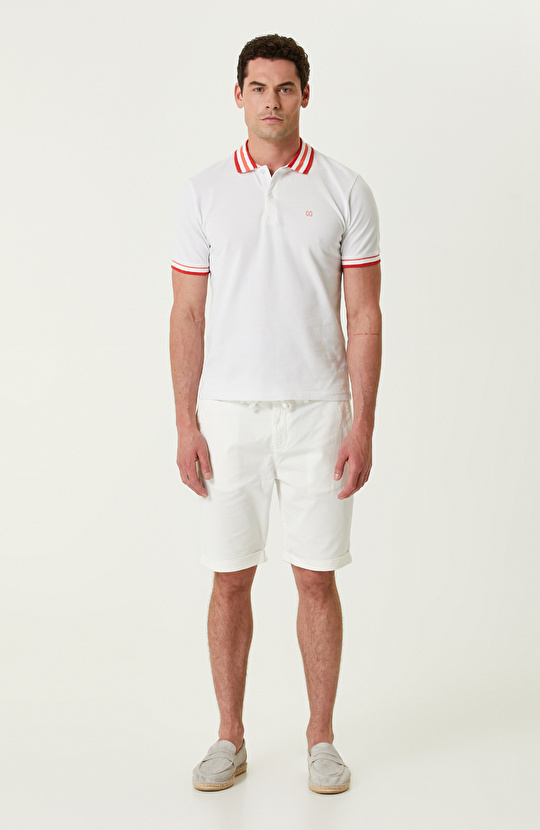 Beyaz Ribanalı Kısa Kollu Polo Yaka Tshirt
