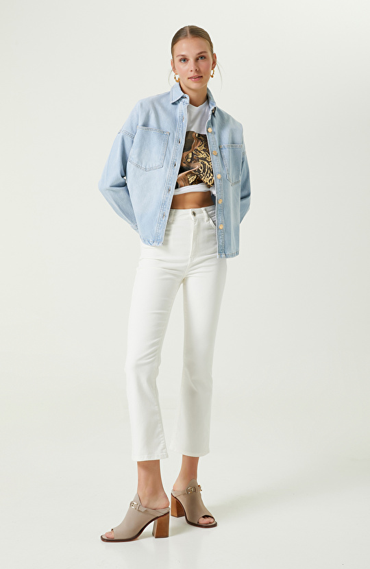 Ekru Yüksek Bel Denim Pantolon