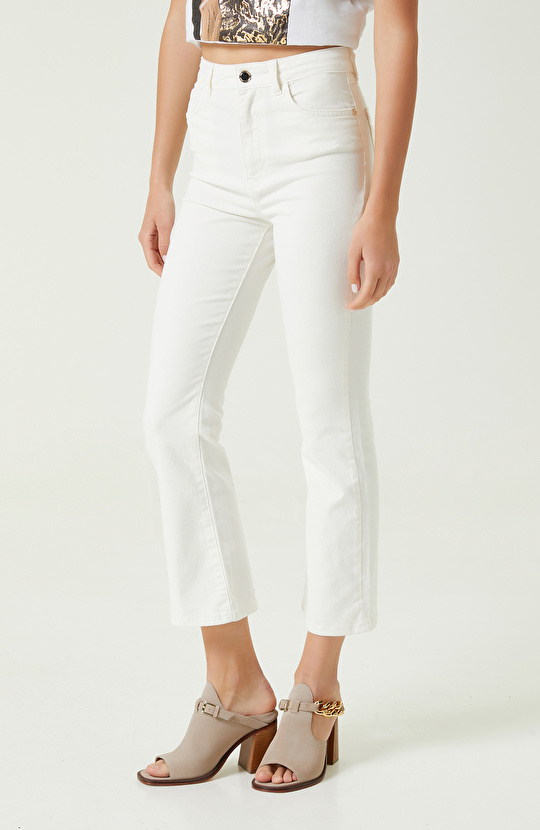 Ekru Yüksek Bel Denim Pantolon