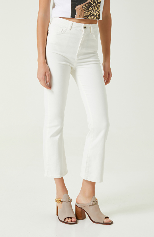 Ekru Yüksek Bel Denim Pantolon